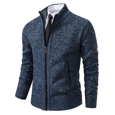 Autumn And Winter New Jersey Men's Casual Sports Coat Solid Color Stand Collar Wweater Grab Fleece Warm Zipper Cardigan - Smarsty
