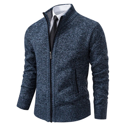 Autumn And Winter New Jersey Men's Casual Sports Coat Solid Color Stand Collar Wweater Grab Fleece Warm Zipper Cardigan - Smarsty