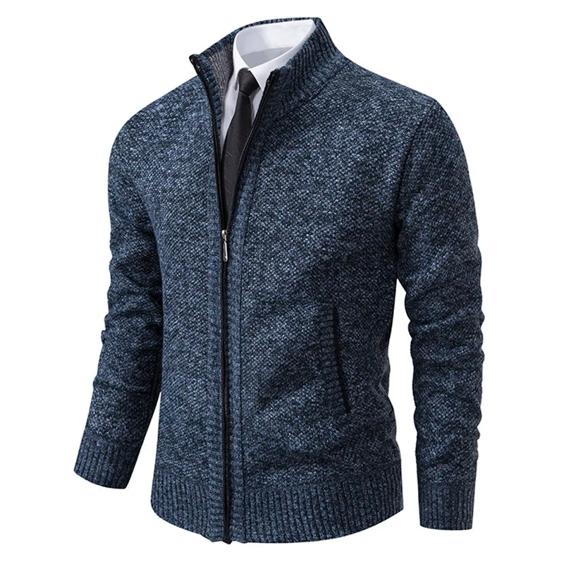 Autumn And Winter New Jersey Men's Casual Sports Coat Solid Color Stand Collar Wweater Grab Fleece Warm Zipper Cardigan - Smarsty