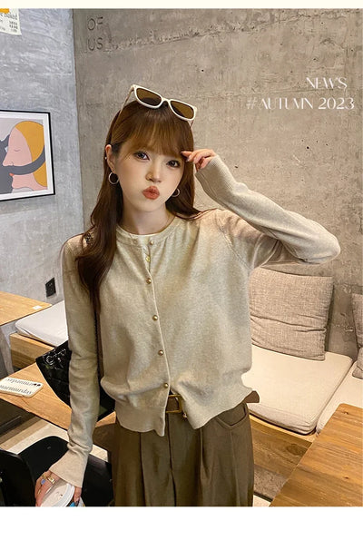 Solid Color Knitted for Women Cardigan Korean Single Breasted Long Sleeve Jumper Woman Round Neck All Match Cardigans Outwear - Smarsty