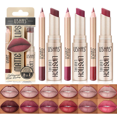 USHAS 12 Color Lip Liner and Lipstick Set Long Lasting Matte Finish - Smarsty