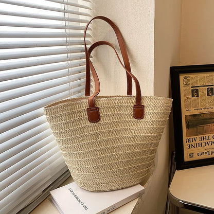 Large Capacity Straw Beach Tote Woven Shoulder Bag Summer - Smarsty