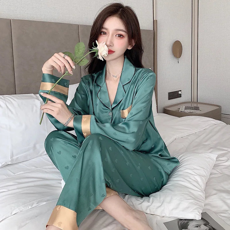 Top Autumn New Ice Silk Women Pajama Lapel Button Cardigan Outfits for Women 2 Piece Set Fashion Printing Set Clothes for Women - Smarsty