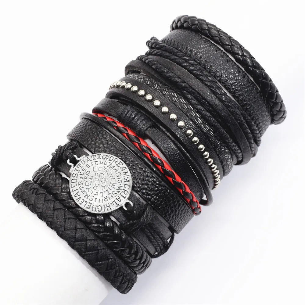 Handmade Black Leather Wrap Bracelets Set for Men and Women - Smarsty
