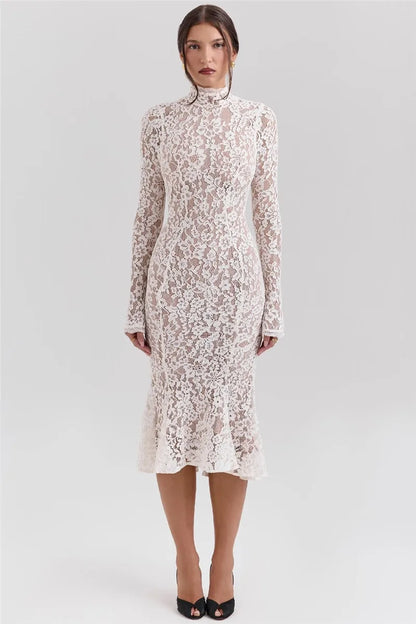 Mozision Lace Long Sleeve Sexy Midi Dress For Women Elegant White Half High Collar High Waist Bodycon Club Party Sexy Long Dress - Smarsty