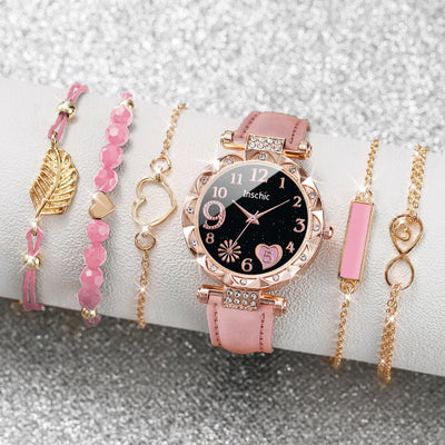 Fashion Heart Dial Women's Watch Set with Leather Band - Smarsty