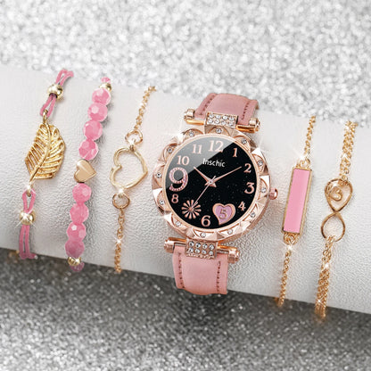 Fashion Heart Dial Women's Watch Set with Leather Band - Smarsty