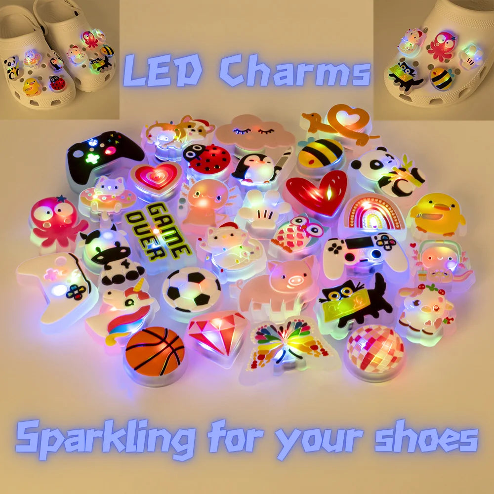 1pcs LED Shoe Charms for Kids Gift Owl Unicorn Gamepad Football Lighted Shoes Decoration Shoe Accessories Pins Clogs Buckles