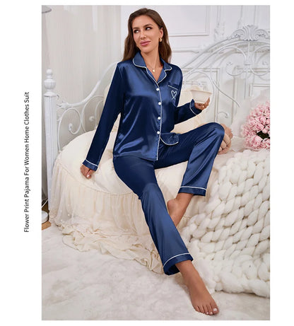 Autumn Satin Pajama for Women Heart-shaped Embroidery Sleepwear & Loungewear Long Sleeve Top & Pants Home Clothes Pyjama 2 Piece - Smarsty