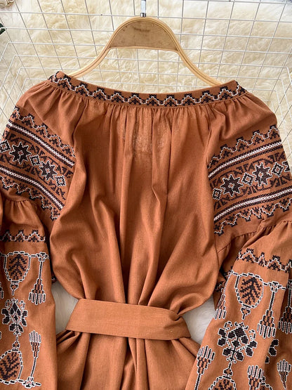 Bohemian Retro Ethnic Style Dress Women's New Spring Autumn Embroidered Lace Up Lantern Sleeves Waist Cinching Long Dress A155 - Smarsty