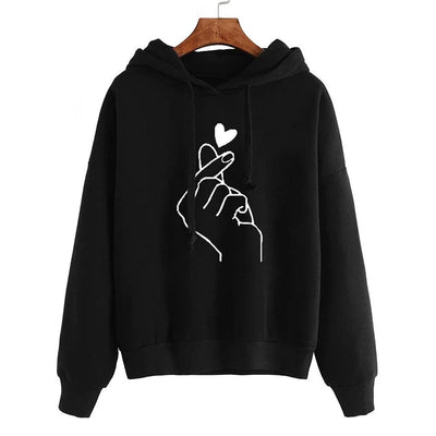 Autumn Fleece Hoodie Solid Color Finger Heart Hooded Korean Fashion Sweatshirts Long Sleeve Top Drawstring Pockets Loose Hoodies - Smarsty