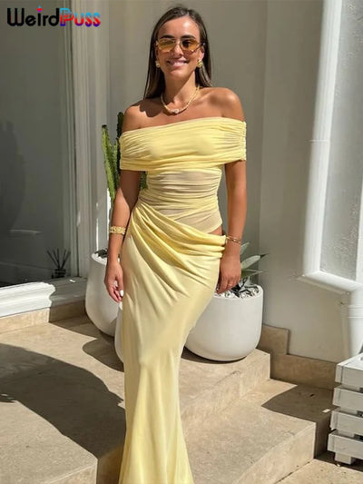 Weird Puss Ruched Irregular Dress Women Mesh Patchwork Slash Neck Short Sleeve Skinny Stretch Trend Elegant Long Bodycon Outfits - Smarsty