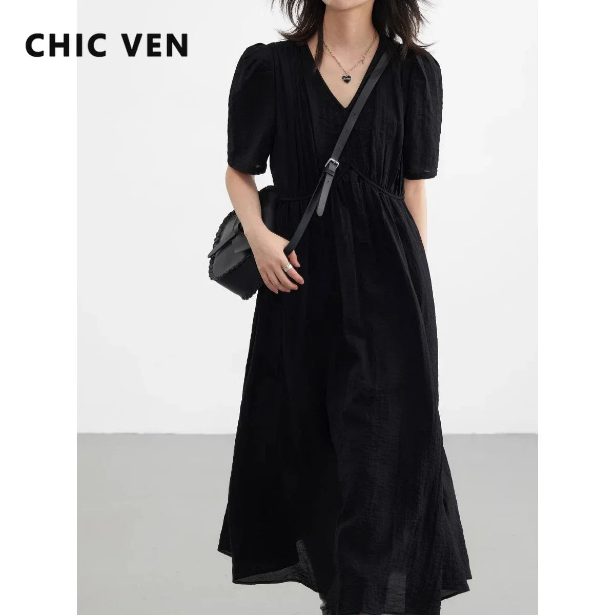 CHIC VEN Women Dresses French Style Vintage V-neck Puff Sleeve Long Dress Solid Black Loose Female Clothing Summer New 2023 - Smarsty