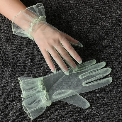 Women Lace Tulle Gloves Stretchy Full Finger Wedding Gloves - Smarsty