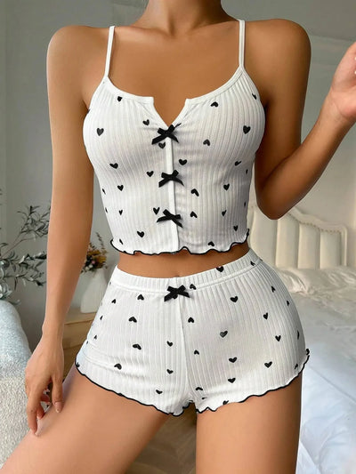 Sexy Sleepwear Women Pajamas Set Heart Print Silk Stain V-Neck Sleeveless Casual Cami Top and Shorts Sets Home Suit Loungewear - Smarsty