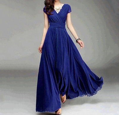 Women's Short-Sleeved Chiffon Evening Dress, Female Party Dress, Monochromatic, Bohemian, Long, Elegant, New, 2022 - Smarsty