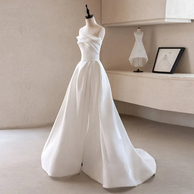 French Luxury White Satin Trailing Wedding Dresses for Bride 2025 Women Elegant Sexy Strapless Long Prom Party Dress vestidos - Smarsty