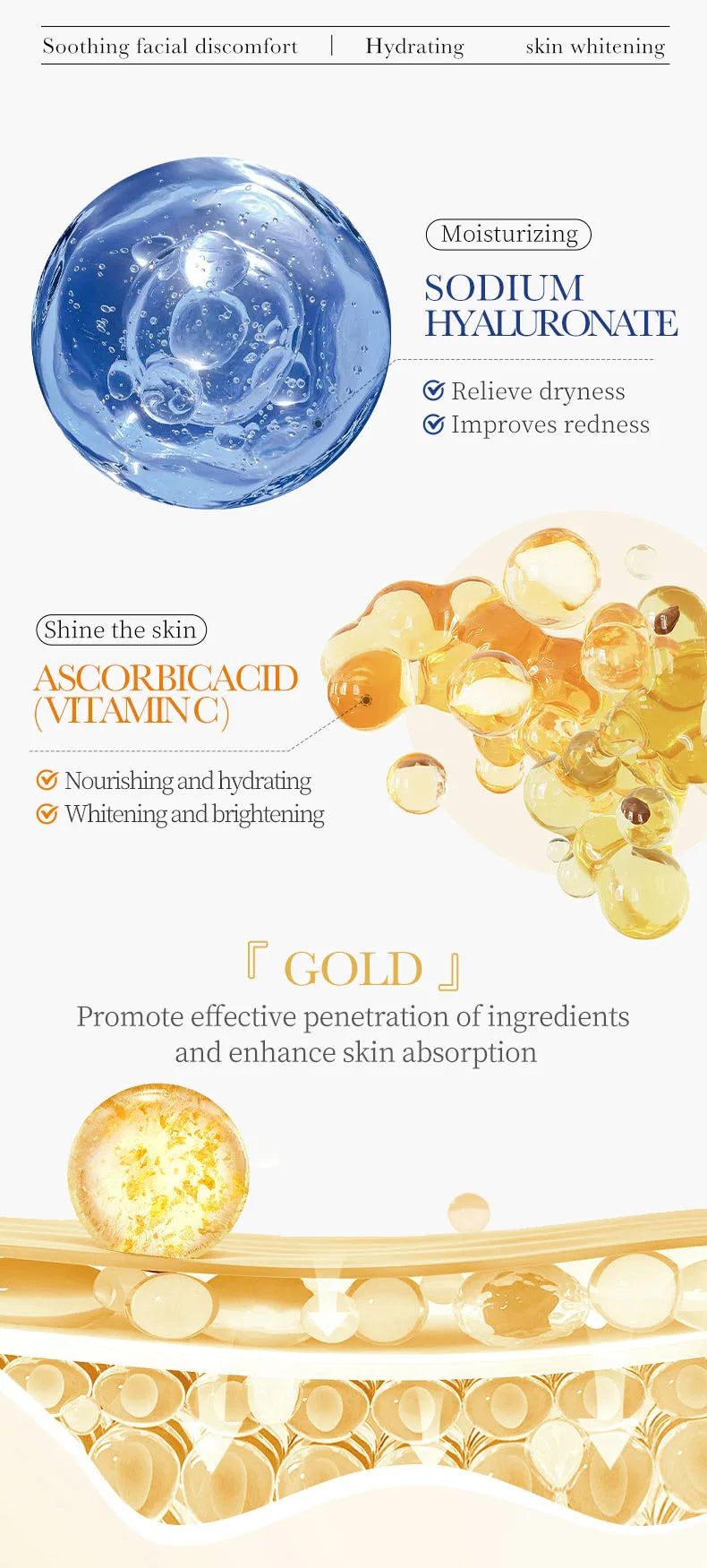 15pcs 24K Gold Hyaluronic Acid Face Masks for Hydration and Brightening - Smarsty