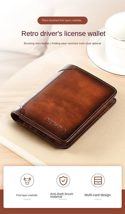 Men Wallet Genuine Leather Rfid Blocking Trifold Wallet Vintage Thin Short Multi Function ID Credit Card Holder Male Purse Money - Smarsty