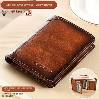 Men Wallet Genuine Leather Rfid Blocking Trifold Wallet Vintage Thin Short Multi Function ID Credit Card Holder Male Purse Money - Smarsty