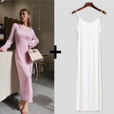 Hirsionsan Spring Autumn O-Neck Elastic Knit Long Dresses Women 2024 Elegant Chic Soft Lady Hollowing Sweater Dresses Femme New - Smarsty
