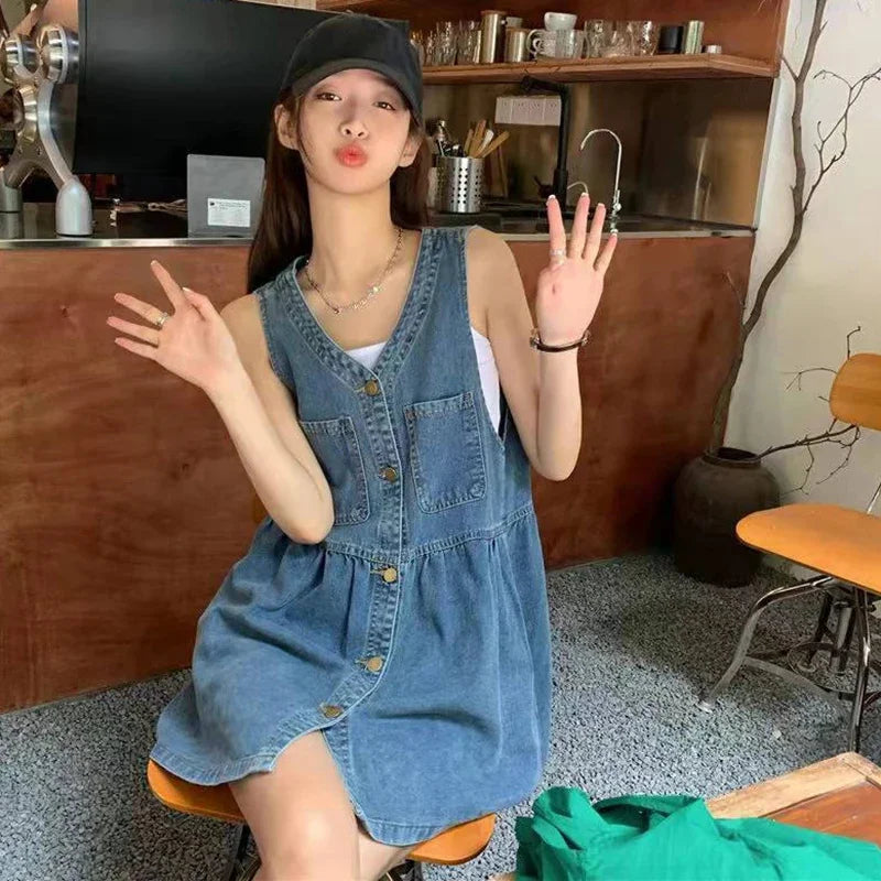 Sleeveless Strap Dress Women Summer Single-Breasted Pockets Denim Dresses Woman Korean Style Loose A Line Mini Dress - Smarsty