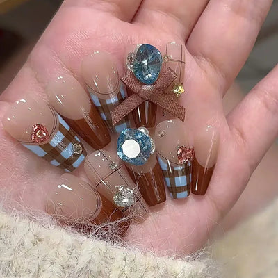Romantic 24pcs Blue French Style Press On Nails - Smarsty