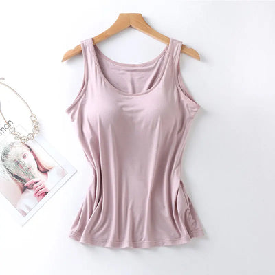 2023 Women's Vest Tops with Built In Bra Neck Vest Solid Color Padded Slim Fit Tank Tops Sexy Shirts Feminino Casual Tank Tops - Smarsty