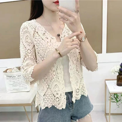 Women Knitted Lace Shrug Boho Hollow Crochet Floral 3/4 Sleeves Open Front Cropped Cardigan Elegant Mesh Sweater Coveup - Smarsty