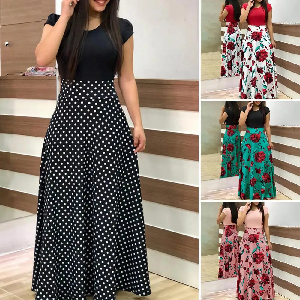 Elegant Women's Long Dress Flower Retro Printed Patchwork Long Sleeve Banquet Maxi Robe S-5XL - Smarsty