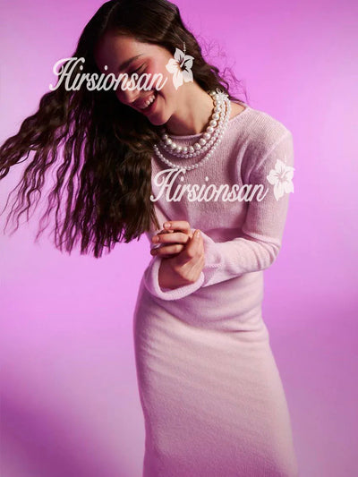 Hirsionsan Spring Autumn O-Neck Elastic Knit Long Dresses Women 2024 Elegant Chic Soft Lady Hollowing Sweater Dresses Femme New - Smarsty