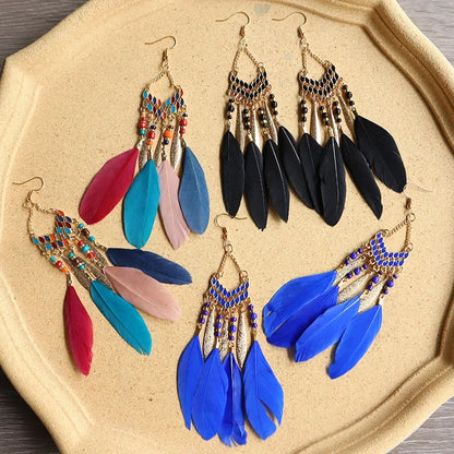 Bohemian Feather Dangle Earrings with Colorful Tassels - Smarsty