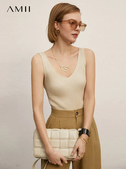 Amii Minimalism Summer New Women's Camisole Tops Office Lady Solid V-neck Sexy Slim Vest Girls Tank Streetwear Tops 12321058