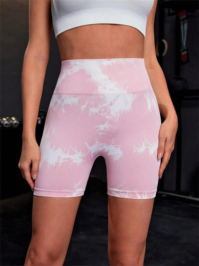 Women's Tie Dye Print Ruched High Waist Sports Shorts, Casual Comfy Breathable Seamless Skinny Shorts for Yoga Gym Workout - Smarsty