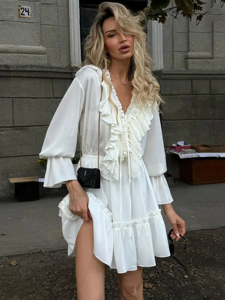 Tossy Ruffled V-Neck White Mini Dress Female Patchwork Long Sleeve Elegant Bandage Fashion Dress High Waist Lace-Up Women Dress - Smarsty