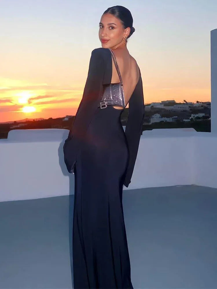 White Backless See-through Long Dress Women's Summer Slim High Waist Spliced Long Sleeve Solid Color Beach Long Dress - Smarsty