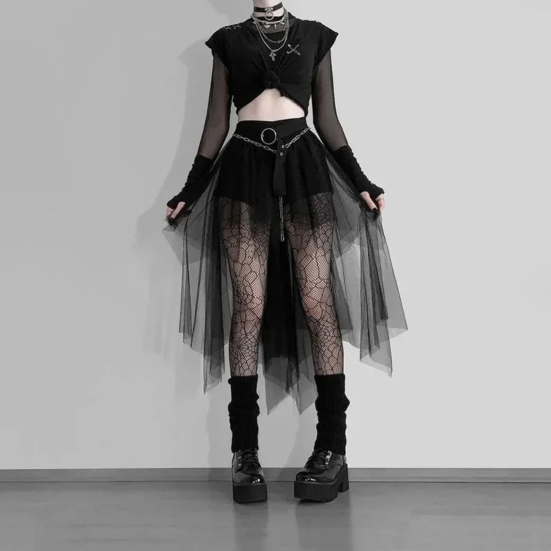 Sexy Net Yarn High-Waisted Irregular Skirt for Women Summer New European and American Gothic Style Versatile Casual Skirts - Smarsty