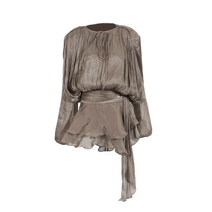 TWOTWINSTYLE Solid Patchwork Lace Up Blouse Mini Dresses For Women V Neck Long Sleeve Sweet Style Dress Female Clothing Fashion
