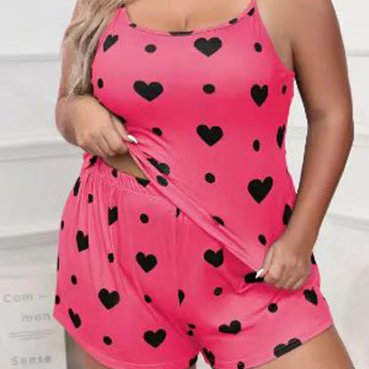 Plus Size Heart Print Women Pajama Set Sleeveless O Neck Crop Top & Elastic Waist Shorts 2 Pieces Female Sleepwear Nightwear - Smarsty