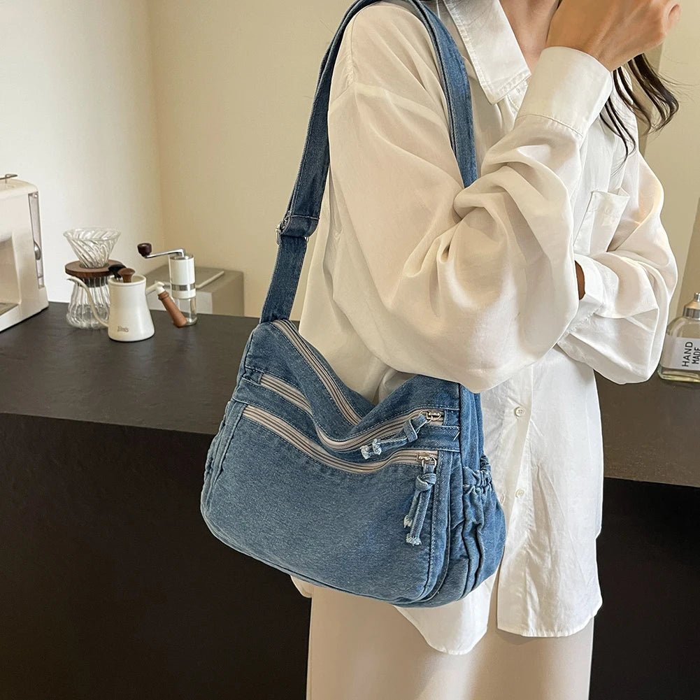 Vintage Denim Shoulder Bag Large Capacity Satchel For Women - Smarsty