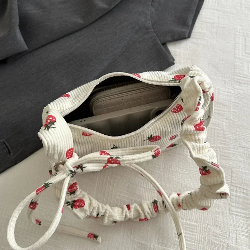 Corduroy Underarm Bag For Women Strawberry Print Mini Tote - Smarsty