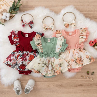 Summer Baby Girl Dress With Bowknot Striped Jumpsuit Cotton Dress For Newborn Floral Clothes Baby Crawling Clothes by Smarsty