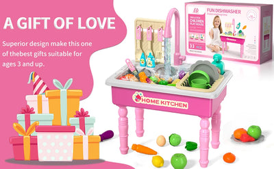 Play Kitchen Sink Toy with Running Water, Dishwasher and Upgraded Automatic Water Cycle System