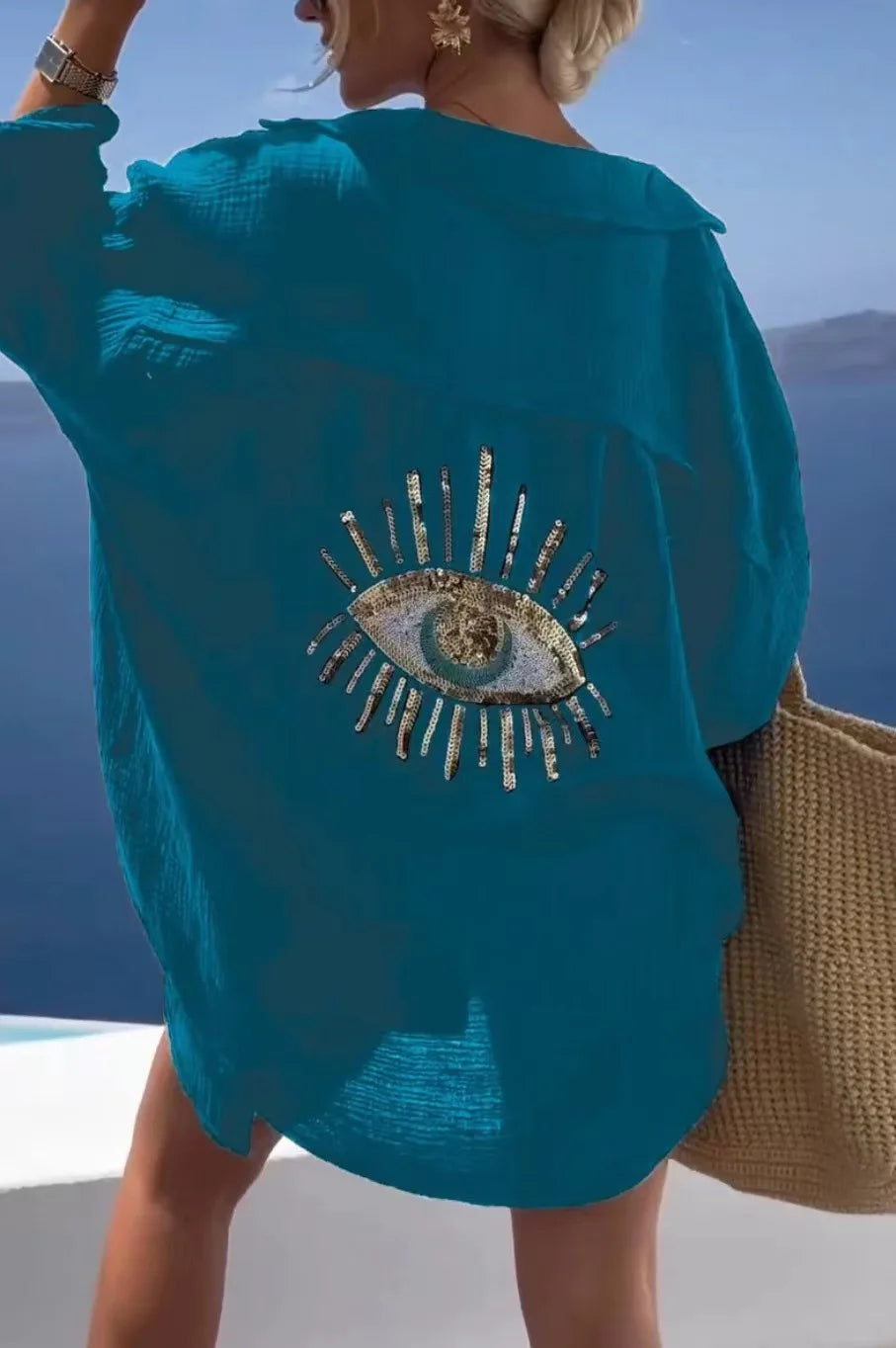 Casual Bright Sequin Evil Eye Shirt Women Summer Fashion Long Sleeve Loose Long Blouse Streetwear Turn-down Collar Cotton Tops - Smarsty