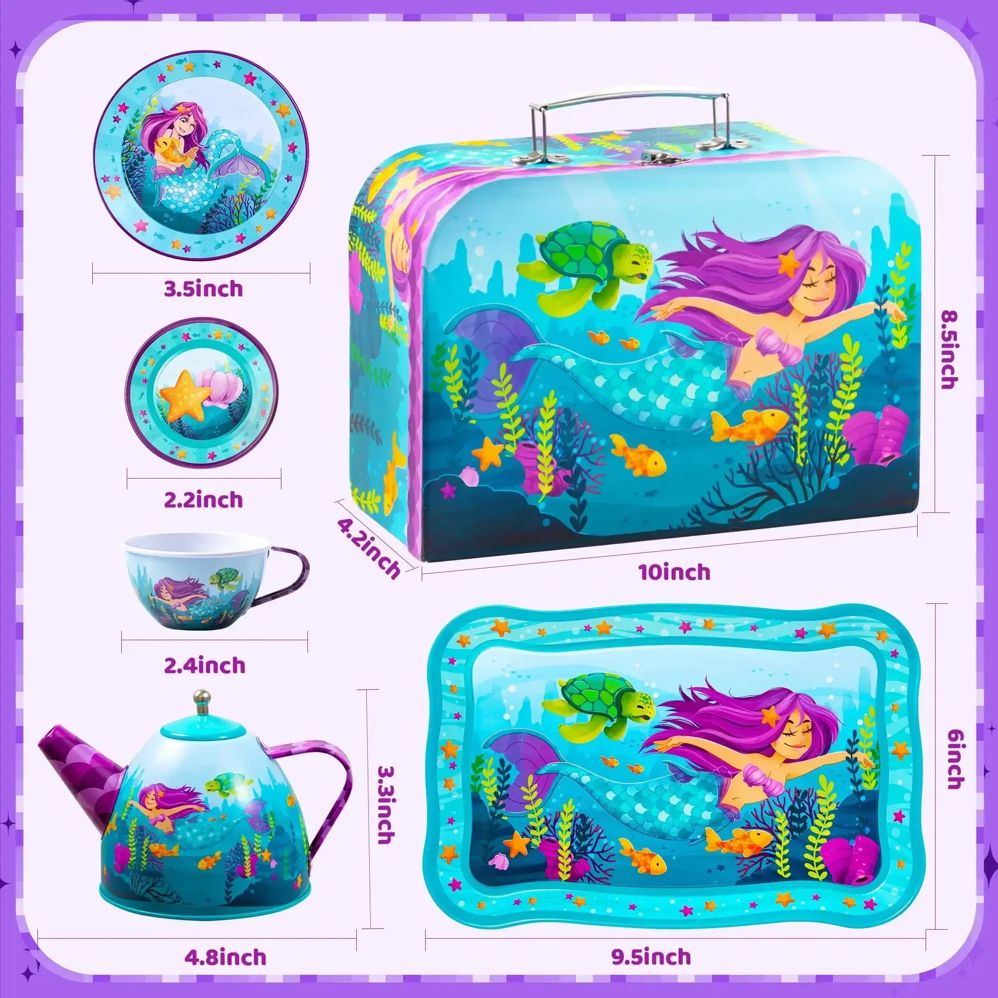 Joyfy Kid Tea Set Mermaid Tea Party Set Princess Pretend Play Tin Teapot Set Kitchen Toy for Girls Toddlers 2 3 4 5 6 Years Old - Smarsty