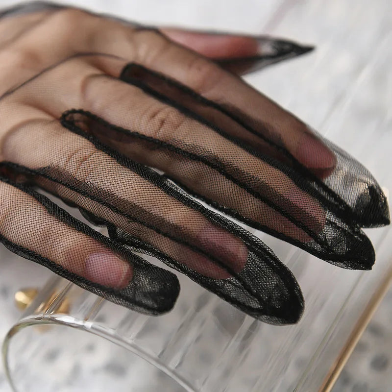 Women Lace Tulle Gloves Stretchy Full Finger Wedding Gloves - Smarsty