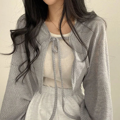 White Knitted Cardigan for Women Summer Thin Sunscreen Lace-Up Knitwear Tops Female Fashion Korean Lantern Sleeve Short Coat - Smarsty