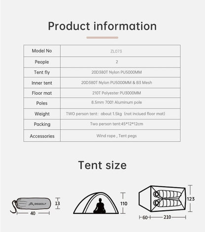 BISINNA Ultralight Camping Tent Backpack Tent 20D Nylon Waterproof Outdoor Hiking Travel Tent Cycling Tent 1-2 Person