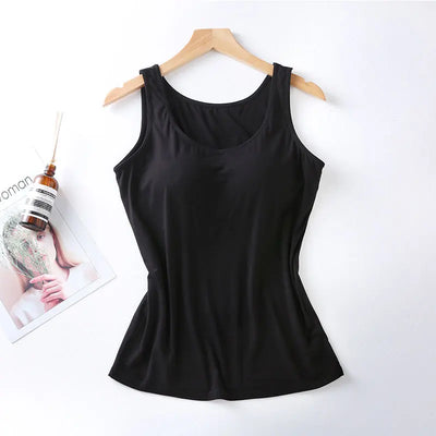 2023 Women's Vest Tops with Built In Bra Neck Vest Solid Color Padded Slim Fit Tank Tops Sexy Shirts Feminino Casual Tank Tops - Smarsty