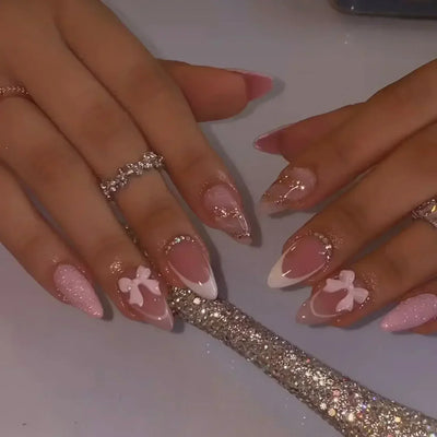 24Pcs Pink Almond False Nails with French Design - Smarsty